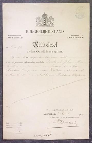 Overlijdensregister Diederik Muntendam Weduwnaar Louise Carp beschikbaar voor biedingen