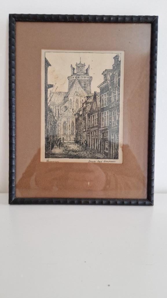 Ingelijste pentekening "Grote kerk Dordrecht" SCH42c, Antiek en Kunst, Kunst | Tekeningen en Foto's, Ophalen of Verzenden