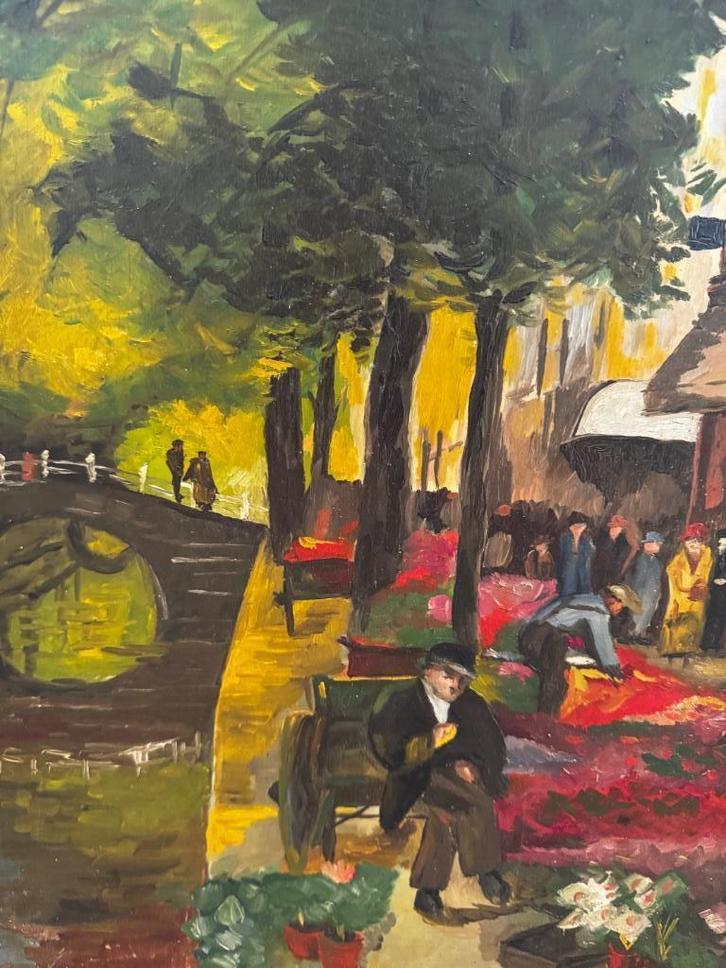 Olieverfschilderij De Bloemenmarkt in Delft, Antiek en Kunst, Kunst | Schilderijen | Klassiek, Ophalen
