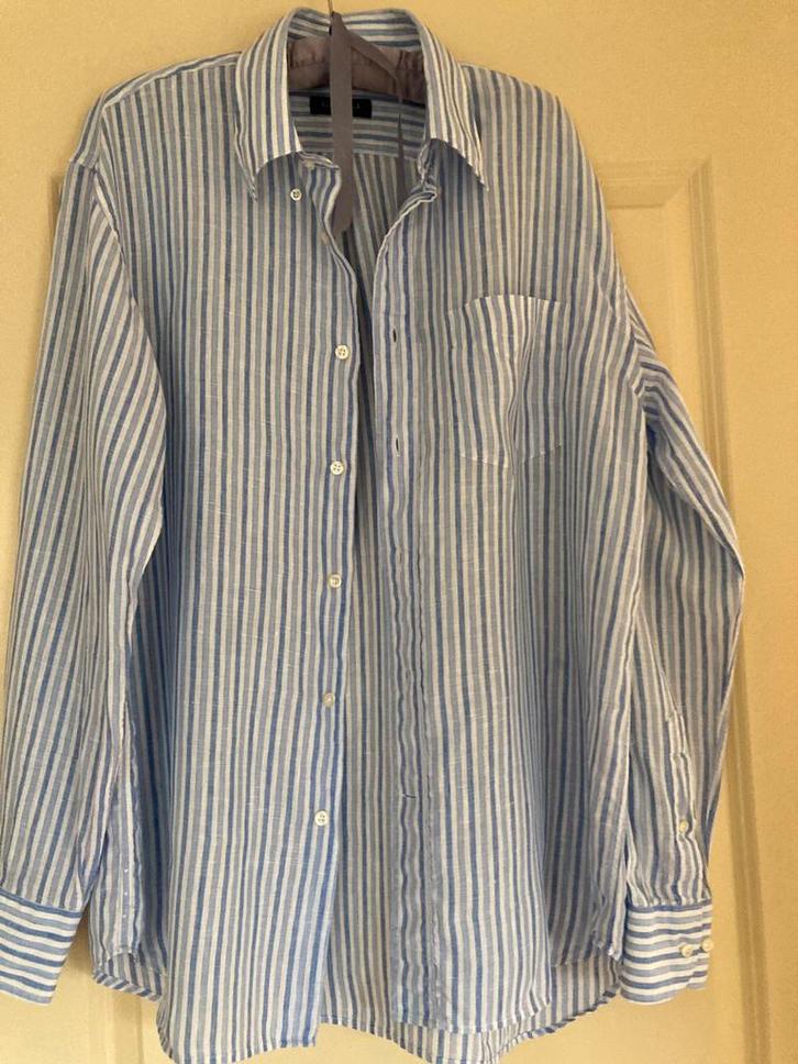 CANALI BLAUW GESTREEPT OVERHEMD100% LINNEN MAAT L, Kleding | Heren, Overhemden, Nieuw, Halswijdte 41/42 (L), Blauw, Ophalen of Verzenden