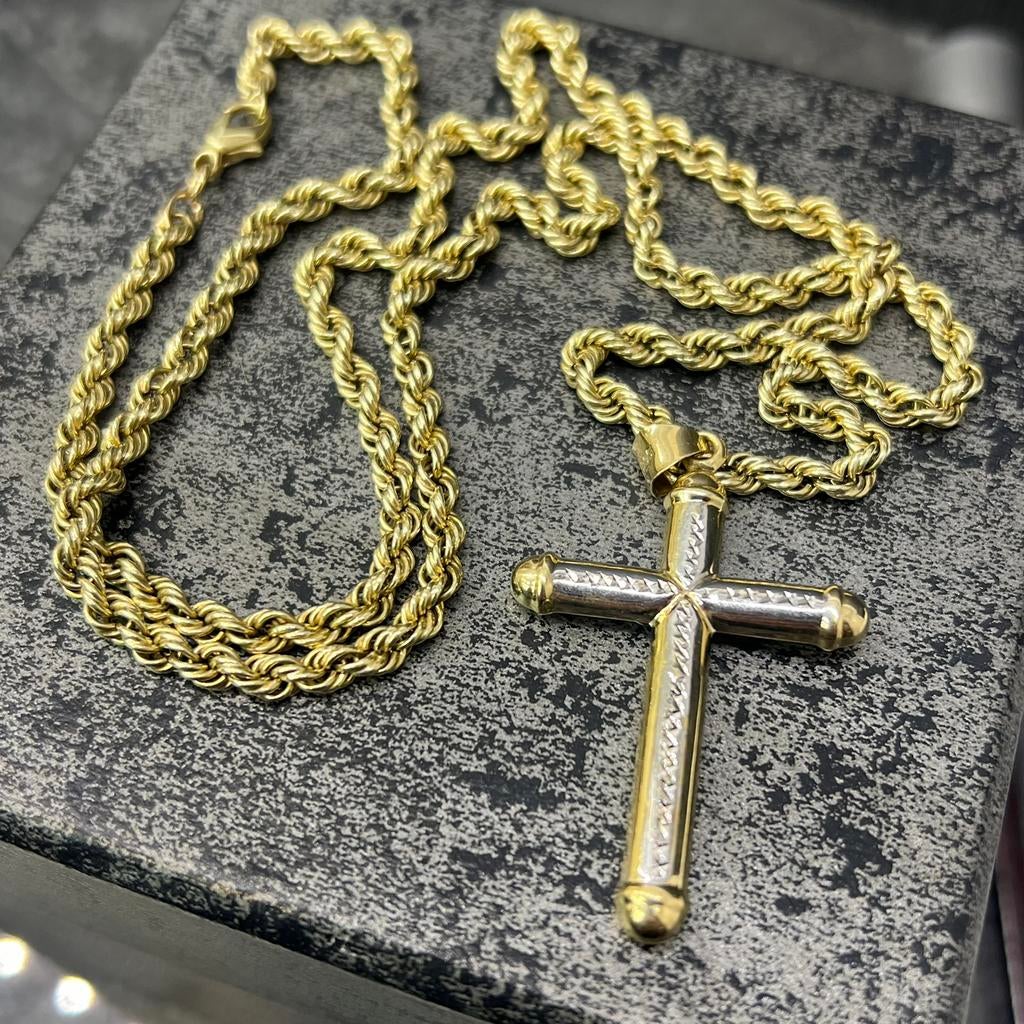 14k gouden ketting rope chain schakel met kruis, Sieraden, Tassen en Uiterlijk, Kettingen, Ophalen of Verzenden, Zo goed als nieuw