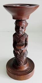 Antiek mahonie houten beeldje kaarsenkandelaar,, Antiek en Kunst, Antiek | Kandelaars, Ophalen of Verzenden, Koper of Brons