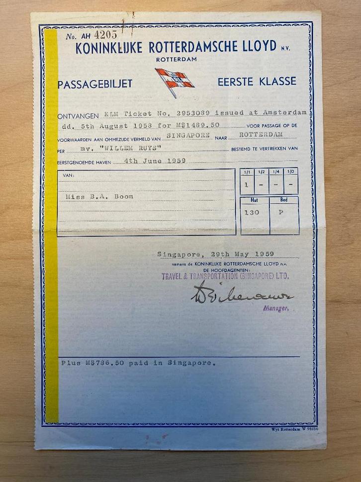 Rotterdamsche Lloyd , passage biljet 1e klas Willem Ruys, Verzamelen, Scheepvaart, Gebruikt, Gebruiksvoorwerp, Motorboot, Ophalen of Verzenden