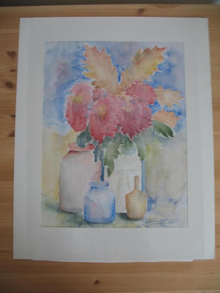 Aquarel  Vazen en Chrysanten * Gesigneerd, Antiek en Kunst, Kunst | Schilderijen | Klassiek, Ophalen of Verzenden