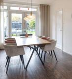 Zes velvet eetkamerstoelen - beige en roze, Ophalen, Overige materialen, Minder dan 50 cm, Gebruikt