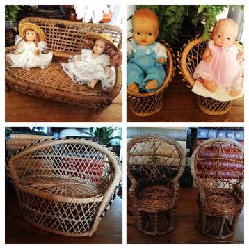 Rotan vintage poppen bankje riet rotan en stoeltjes pauwen beschikbaar voor biedingen