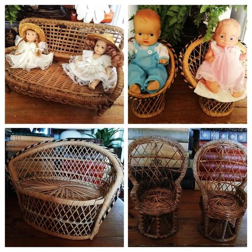 Rotan vintage poppen bankje riet rotan en stoeltjes pauwen, Antiek en Kunst, Curiosa en Brocante, Ophalen of Verzenden