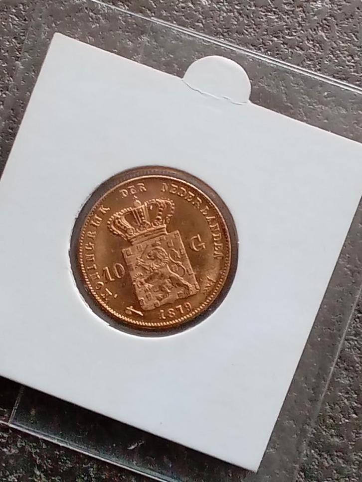Gouden tientje 1879 / Schaars jaartal, Postzegels en Munten, Munten | Nederland, Setje, 10 gulden, Koning Willem III, Goud, Verzenden