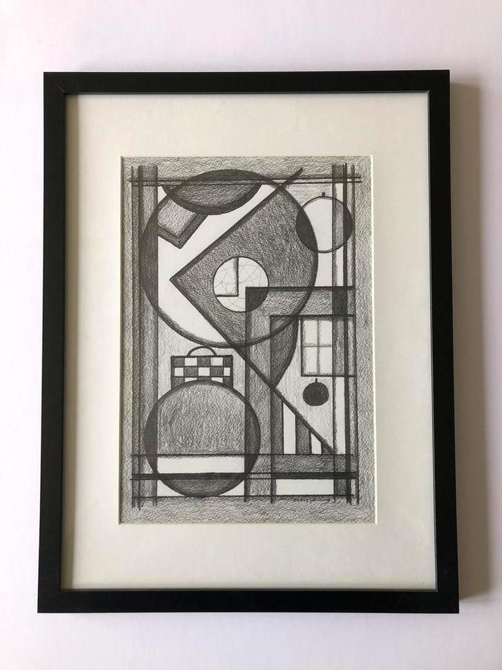 Tekening schilderij origineel lijst geometrisch potlood, Antiek en Kunst, Kunst | Litho's en Zeefdrukken, Ophalen of Verzenden