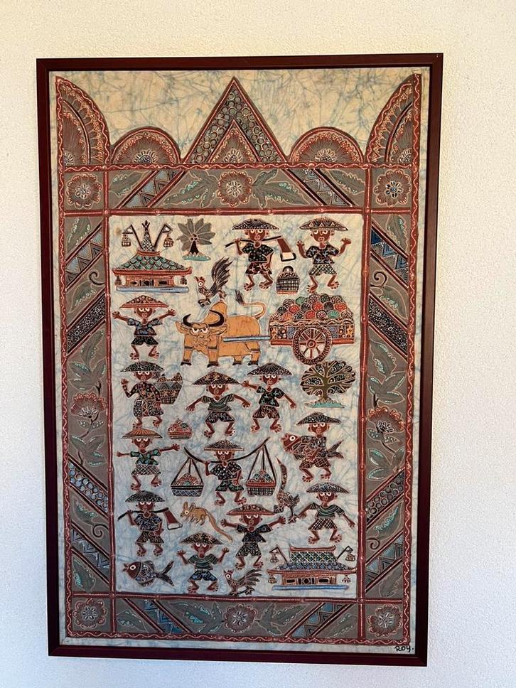 Batik ingelijst aardetinten uit Indonesië , Bandung, Antiek en Kunst, Kunst | Niet-Westerse kunst, Ophalen of Verzenden