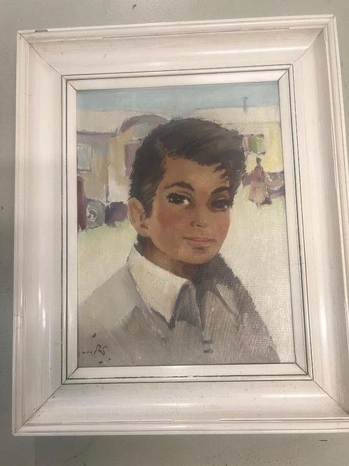 Origineel Olieverfschilderij – Portret Jongen met Woonwagens, Antiek en Kunst, Kunst | Schilderijen | Klassiek, Ophalen of Verzenden