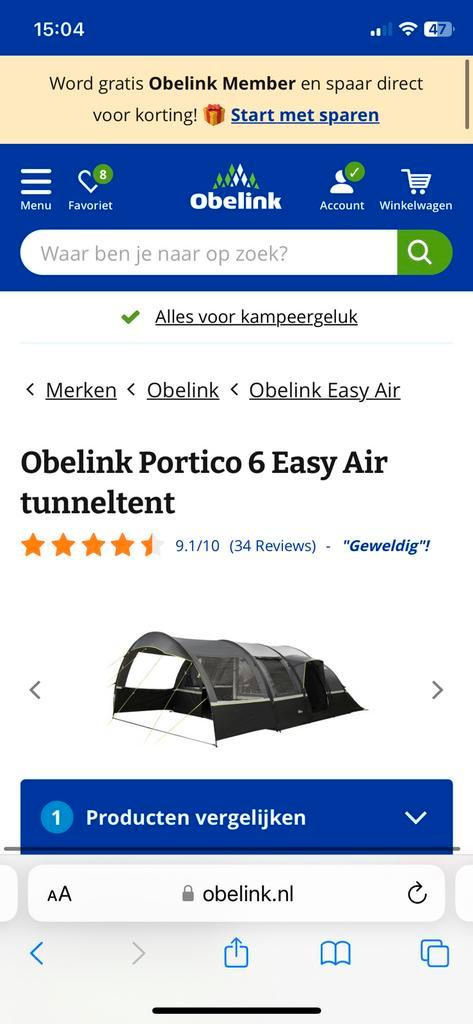 Tunneltent obelink partico 6 air NIEUWSTAAT, Caravans en Kamperen, Tenten, Nieuw, Ophalen