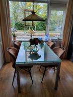 Eettafel van glas met zilverkleurige poten, Ophalen, 50 tot 100 cm, Zo goed als nieuw, Glas