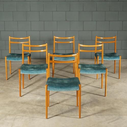 Set van 6 vintage eetkamerstoelen – teakhout – velours – '70, Verzamelen, Retro, Huis en Inrichting, Ophalen of Verzenden