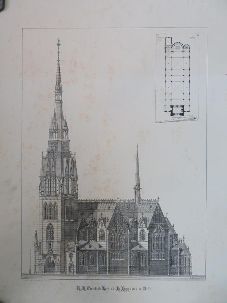Litho van de Hippolytuskerk, Delft (ca. 1885, arch. Cuypers), Antiek en Kunst, Kunst | Litho's en Zeefdrukken, Ophalen