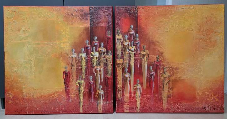 Uniek Tweeluik "Me and the Others" – Loya – 2x 70x70 – Acryl, Antiek en Kunst, Kunst | Schilderijen | Abstract, Ophalen
