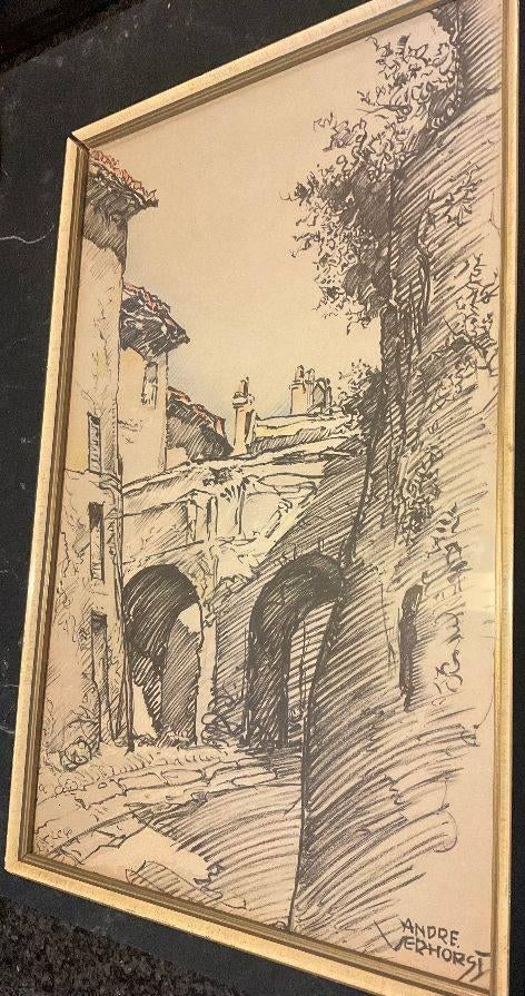 Ingekleurde Tekening - André VERHORST - Stadsgezicht, Antiek en Kunst, Kunst | Schilderijen | Klassiek, Ophalen