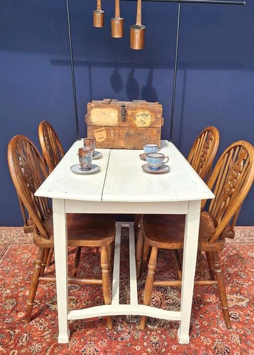 Brocante vintage witte eikenhouten tafel, bureau, tafeltje, Huis en Inrichting, Bureaus, Gebruikt, Ophalen
