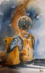 Aquarel jongen met hond, Antiek en Kunst, Ophalen of Verzenden