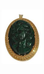 Malachiet camee grote 14k hanger broche goud Art Nouveau