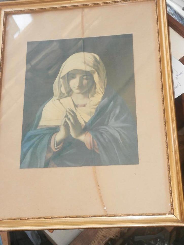 Mooie Maria Prent in lijst gebroken glas, Antiek en Kunst, Antiek | Religie, Ophalen of Verzenden