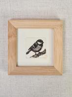 Ets van een vogeltje, een koolmeesje, 10x10 cm, incl lijst, Minder dan 50 cm, Oorspronkelijke maker, Nieuw, Ophalen of Verzenden