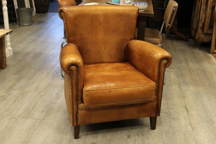 Brocante - Compacte lederen relax-fauteuil!, Huis en Inrichting, Fauteuils, Gebruikt, Hout, Leer, 50 tot 75 cm, Minder dan 75 cm