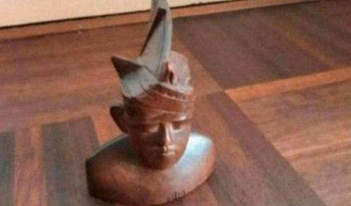 Balinese beeld mannenhoofd met udeng, hout beeld 15/10cm ehv, Antiek en Kunst, Kunst | Beelden en Houtsnijwerken, Ophalen of Verzenden