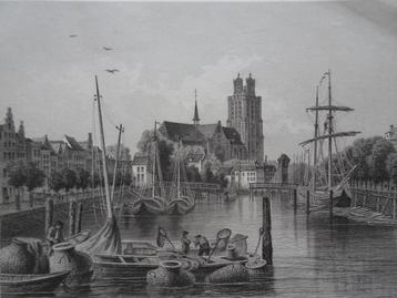 Staalgravure zicht op grote kerk Dordrecht, J. Umbach 1850 beschikbaar voor biedingen
