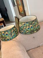 2 prachtige lampenkappen met pauwenveren,, Ophalen of Verzenden, Zo goed als nieuw, Rond, Minder dan 25 cm