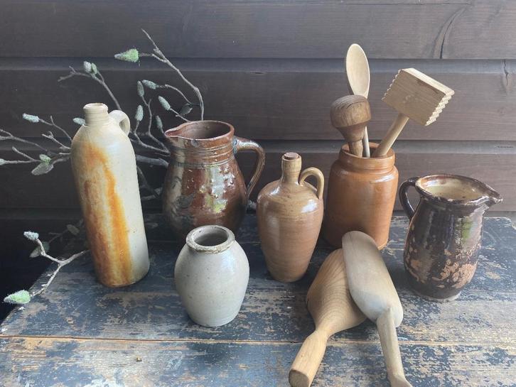 Brocante oude gres kan/pot/fles/ mosterd pot, Antiek en Kunst, Antiek | Keramiek en Aardewerk, Ophalen of Verzenden