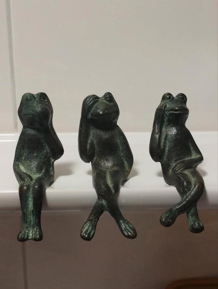 Bronzen kikkers voor op de kast "horen, zien en zwijgen", Antiek en Kunst, Antiek | Koper en Brons, Ophalen of Verzenden