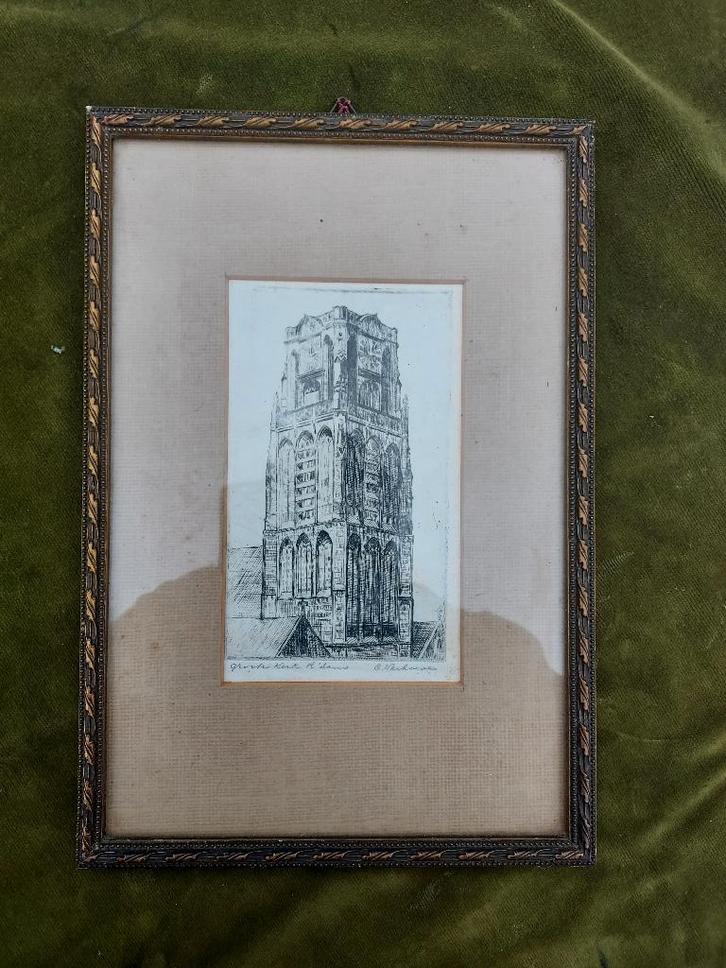 Ets Groote kerk Rotterdam, gesigneerd C. Verhoeven., Antiek en Kunst, Kunst | Etsen en Gravures, Verzenden
