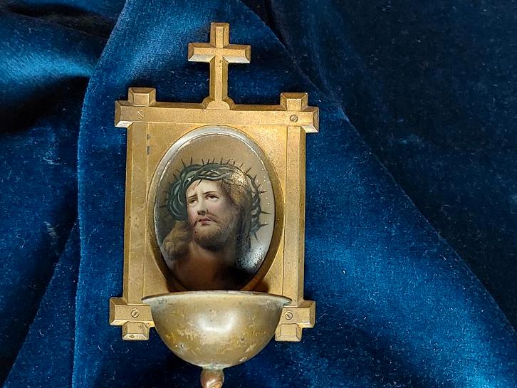 Antiek Messing Wijwaterbakje Jezus Geschilderd, Antiek en Kunst, Antiek | Religie, Ophalen of Verzenden