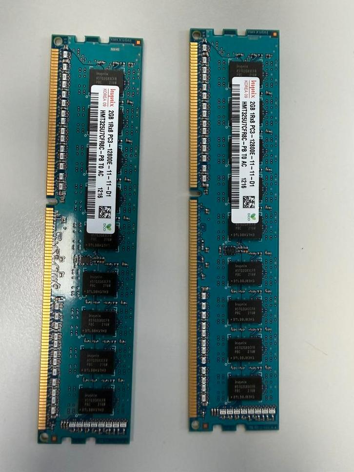 2 stuks 2 GB Hynix 2GB 1Rx8 PC3 12800E DDR3-1600, Computers en Software, RAM geheugen, Zo goed als nieuw, Desktop, DDR3, Ophalen of Verzenden