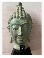 Bronzen beeld Thailand hoofd op houten voet 15 cm, Antiek en Kunst, Ophalen of Verzenden