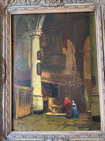 Olieverf schilderij kerkinterieur beschikbaar voor biedingen