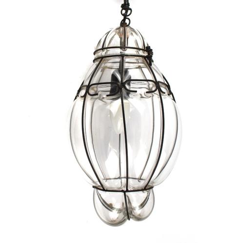 Venetiaanse lamp mond geblazen glas in ijzeren frame, Huis en Inrichting, Lampen | Hanglampen, Gebruikt, Minder dan 50 cm, Glas