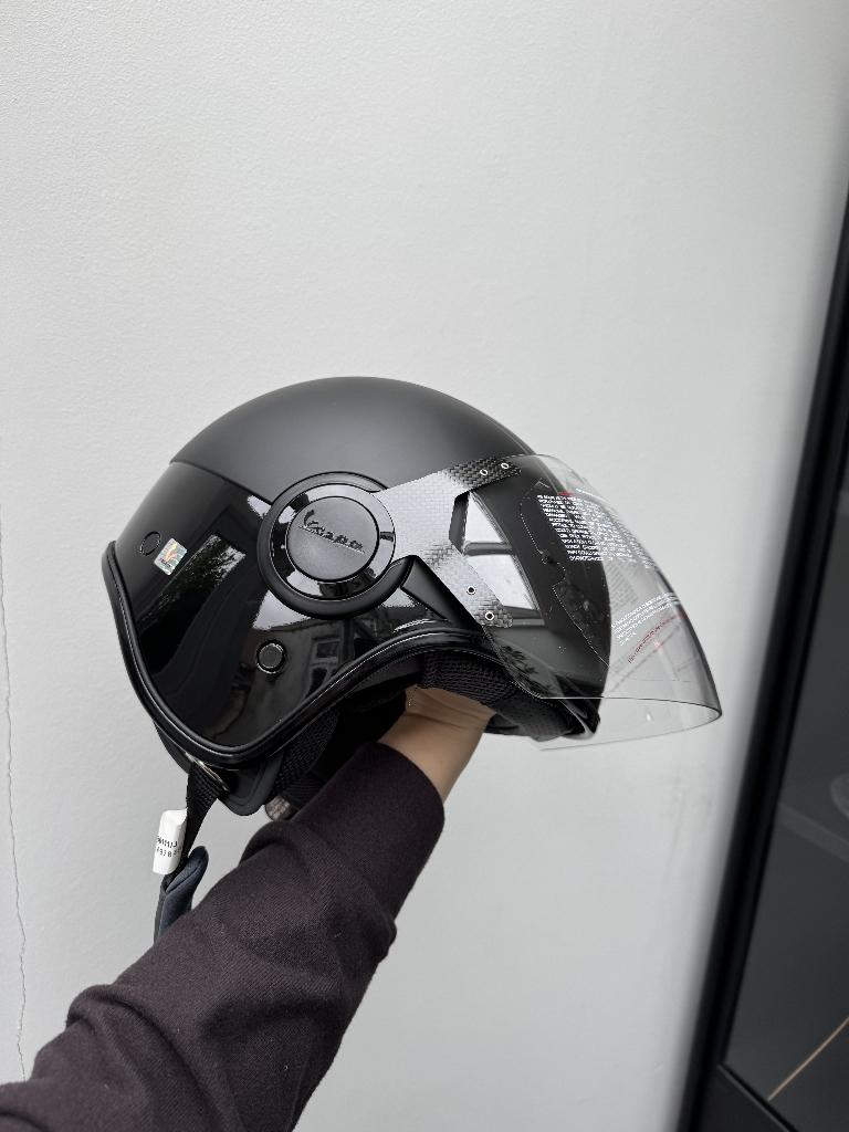 Vespa VJ Mat zwart/Glans zwart Jethelm + zonnevizier maat M, Ophalen of Verzenden, Nieuw, Medium, VESPA