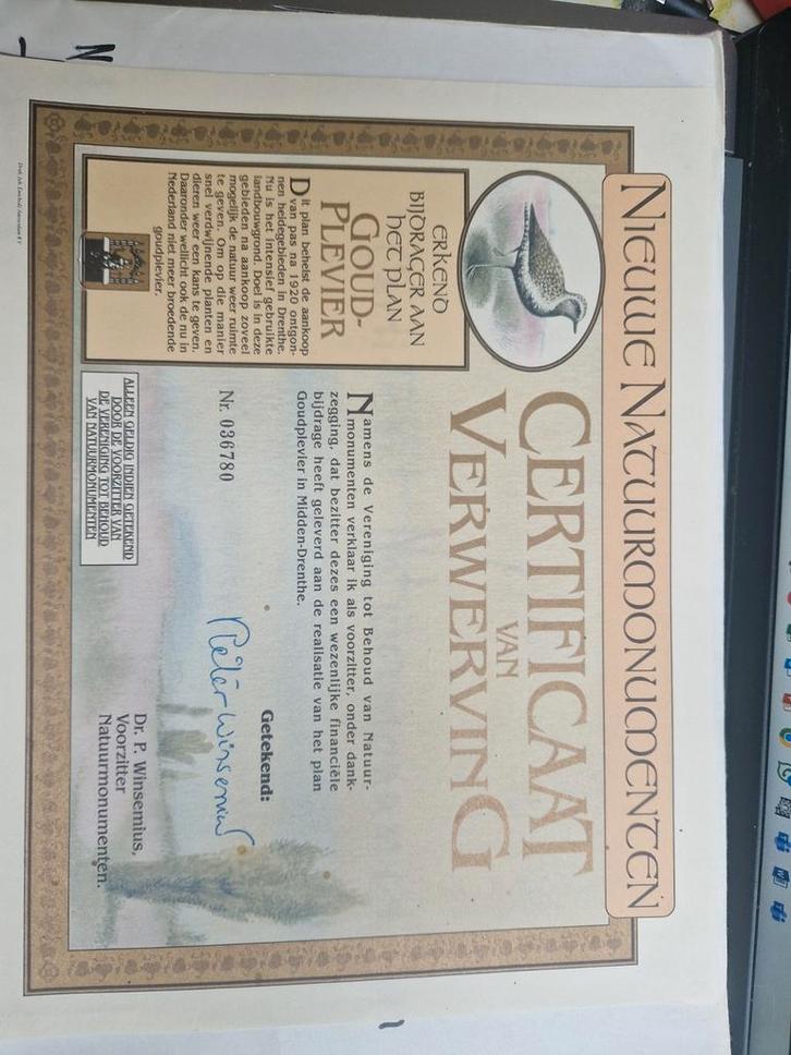 Certificaat van Verwerving Goudplevier, Antiek en Kunst, Antiek | Overige Antiek, Ophalen of Verzenden