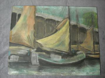 Pastelkrijt leuke zeilbootjes gesigneerd jaren 30