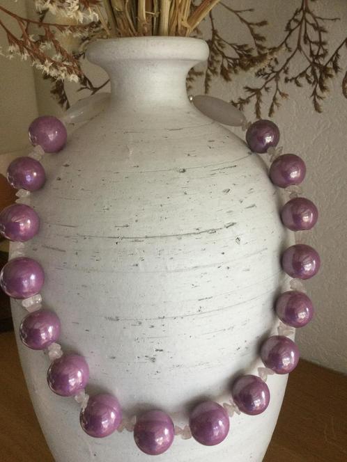 Ketting met grote roze keramiek kralen, agaat en rozenquarts, Sieraden, Tassen en Uiterlijk, Kettingen, Nieuw, Steen of Mineraal