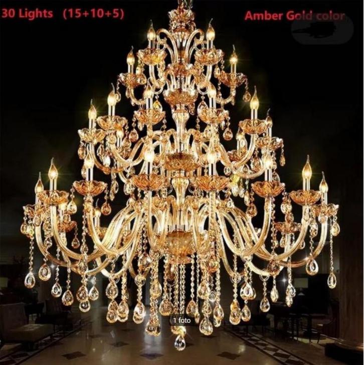 Chique Designer Kroonluchter 30 Armen Amber Gold Incl. Led's, Huis en Inrichting, Lampen | Kroonluchters, Nieuw, Ophalen of Verzenden