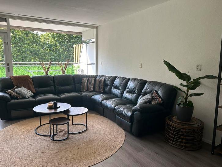 Gratis Hoekbak (7-8 zits) leer zwart, Huis en Inrichting, Banken | Complete zithoeken, Gebruikt, Leer, Ophalen