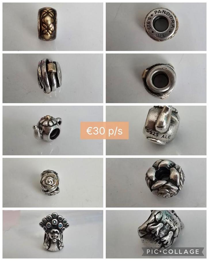 Prachtige originele zilveren Pandora bedels - oa met goud, Sieraden, Tassen en Uiterlijk, Bedels, Zo goed als nieuw, Pandora, Goud