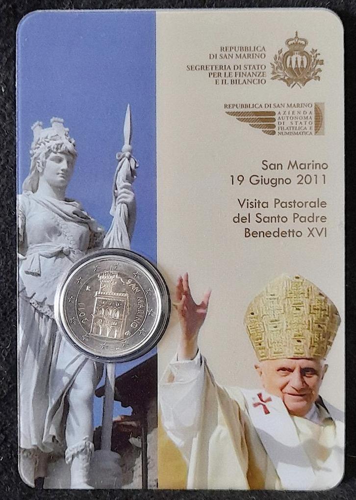 coincard San Marino 2 euro 2011 BU koersmunt met Paus, Postzegels en Munten, Munten | Europa | Euromunten, Setje, 2 euro, San Marino