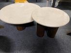 Beige Marmeren Tafel Setje - Mangohout Poten xavi, Huis en Inrichting, Tafels | Salontafels, Ophalen, Gebruikt, Rond, 50 tot 100 cm