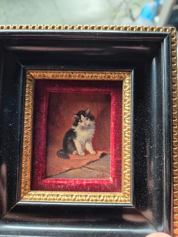 Lief klein antiek katten schilderijtje olieverf op paneel beschikbaar voor biedingen