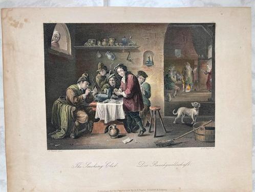 A.H. Payne, The Smoking Club, antieke gravure in kleur, 1845, Antiek en Kunst, Kunst | Etsen en Gravures, Ophalen of Verzenden