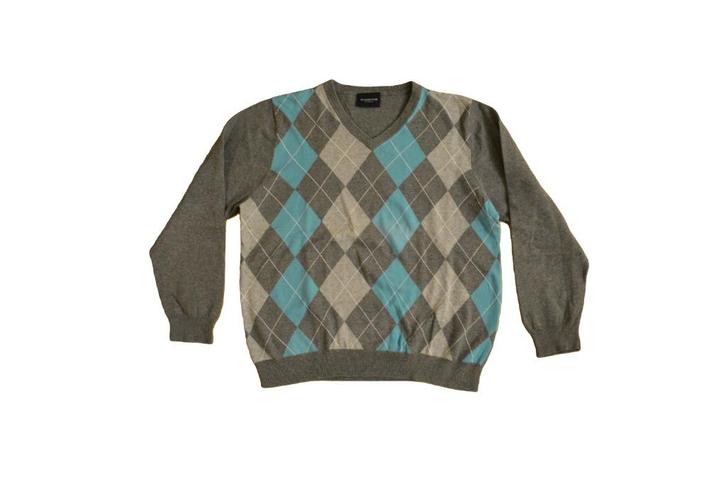 McGregor turquoise grijs geruit geblokt v-neck sweater LARGE, Kleding | Heren, Truien en Vesten, Zo goed als nieuw, Maat 52/54 (L)